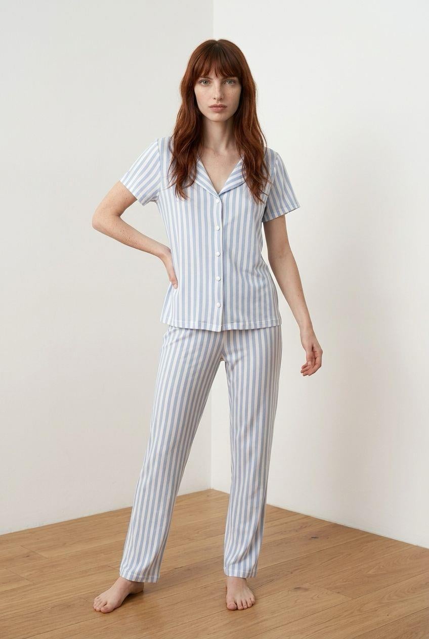 Düğmeli Pijama Takımı Çizgili Mavi