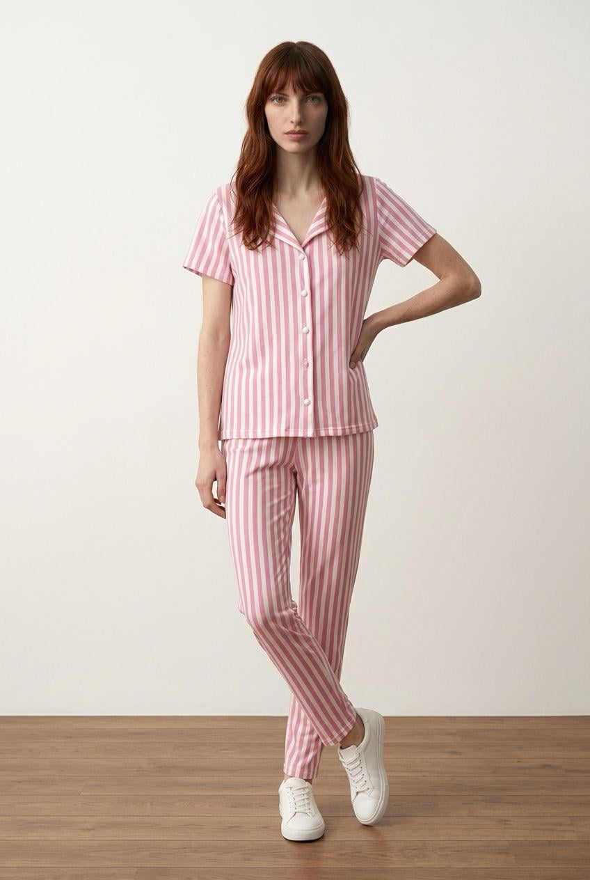 Düğmeli Pijama Takımı Çizgili Pembe