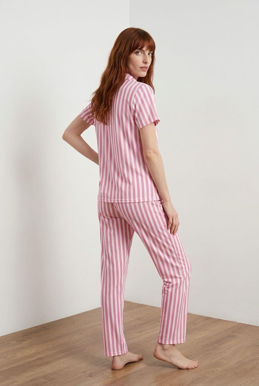 Düğmeli Pijama Takımı Çizgili Pembe