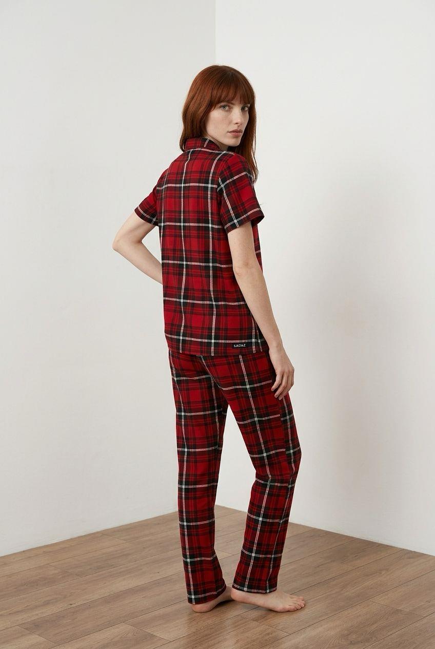 Düğmeli Pijama Takımı Ekose Kırmızı