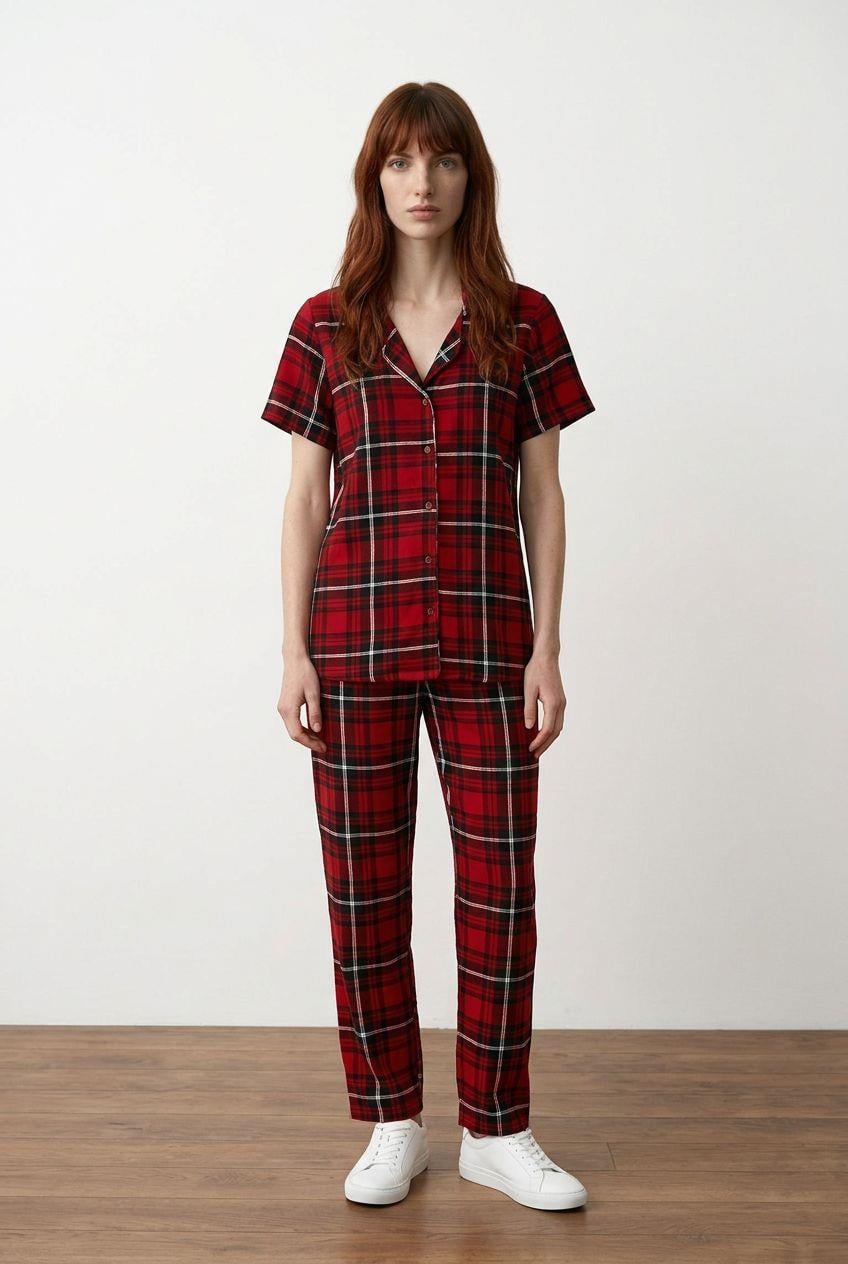 Düğmeli Pijama Takımı Ekose Kırmızı