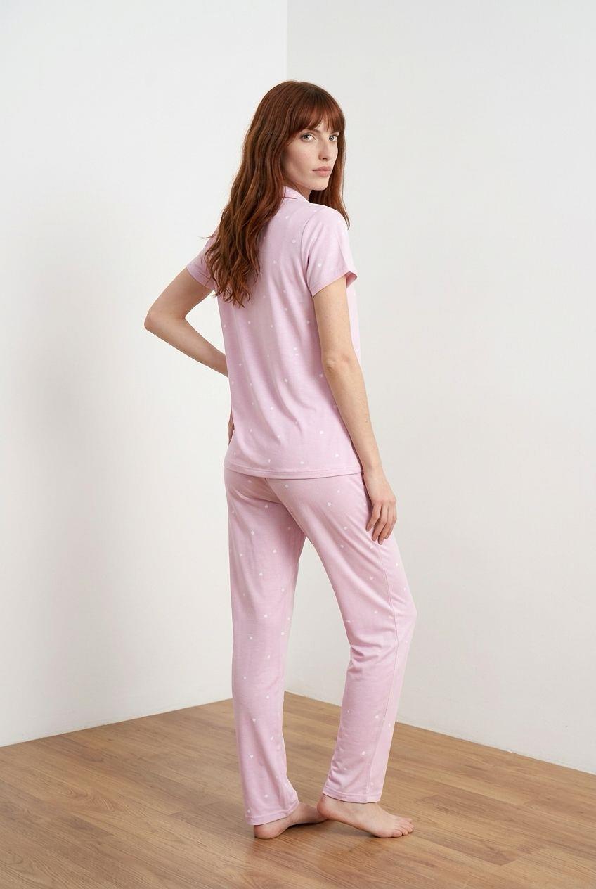 Düğmeli Pijama Takımı Küçük Kalp Pembe