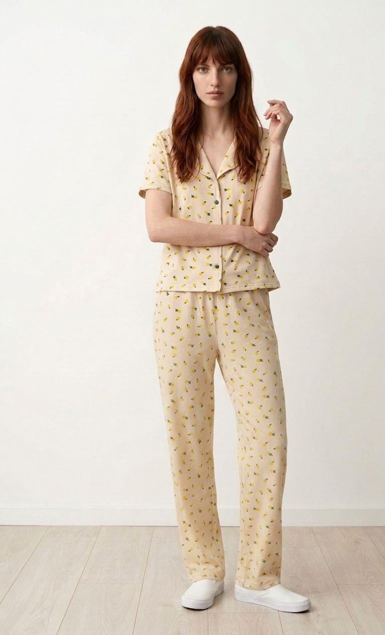 Düğmeli Pijama Takımı Limon Sarı