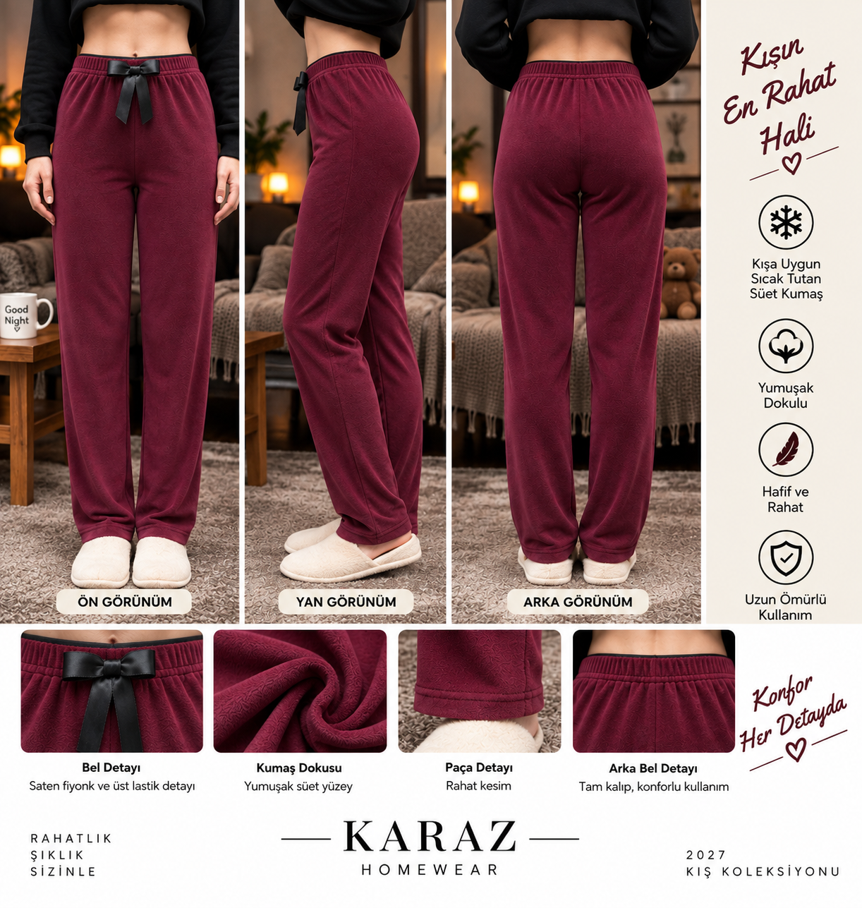 Kadife Tek Alt Pijama Bordo