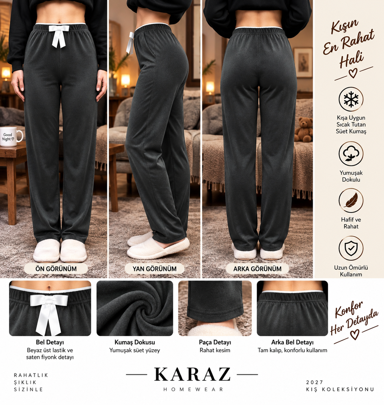 Kadife Tek Alt Pijama Siyah 