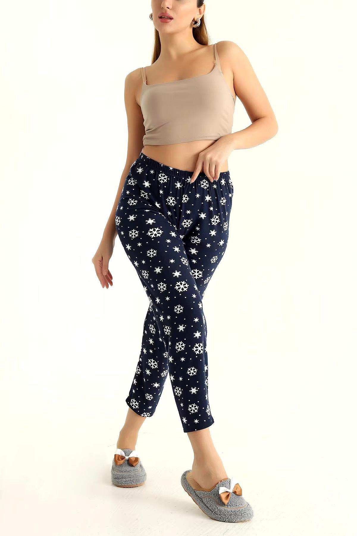 Kar Tanesi Desenli Pijama Altı Süet  Lacivert