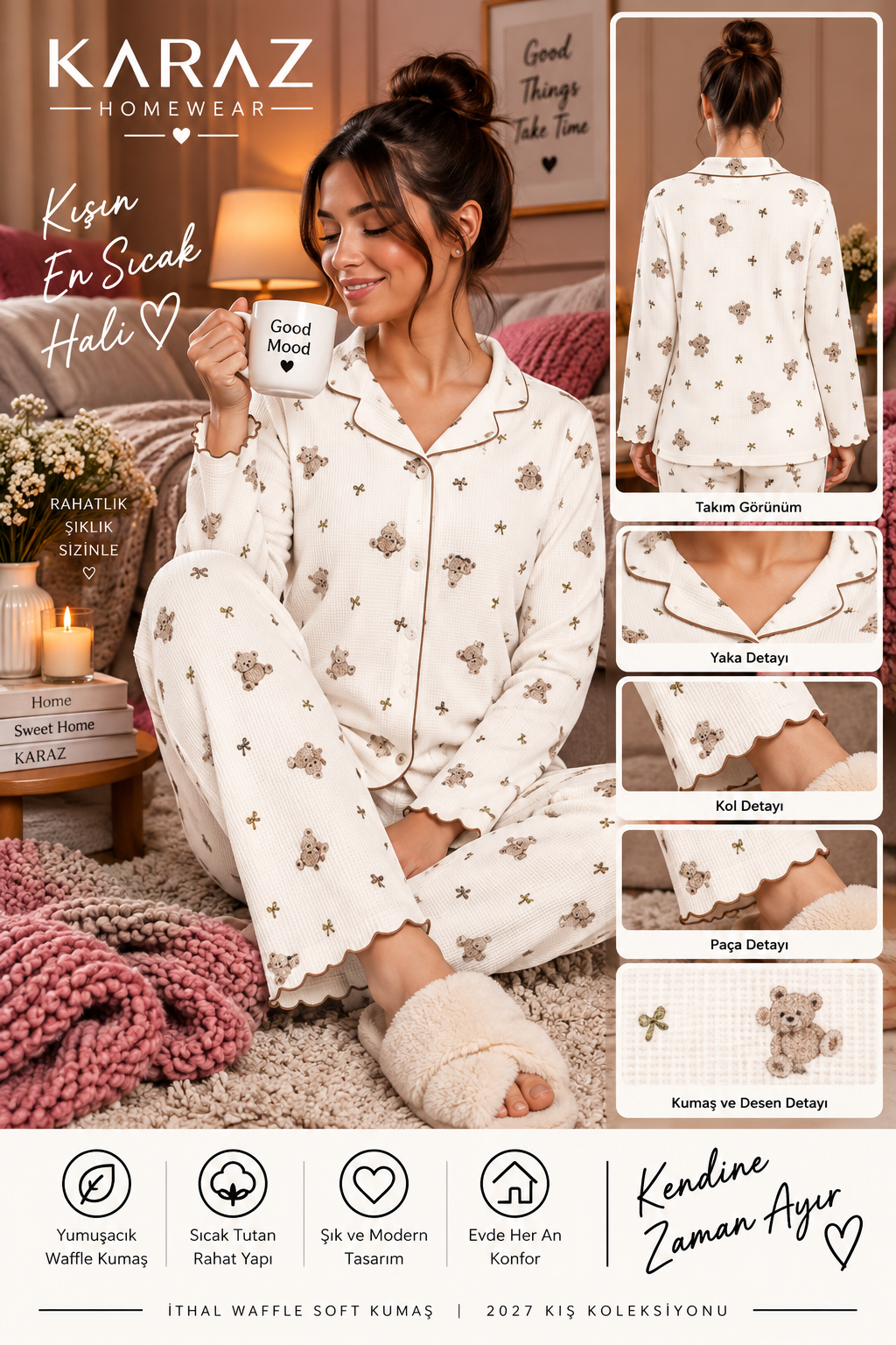 Waffle Pijama Takımı Düğmeli Ayıcık Desen Küçük Fiyonklu