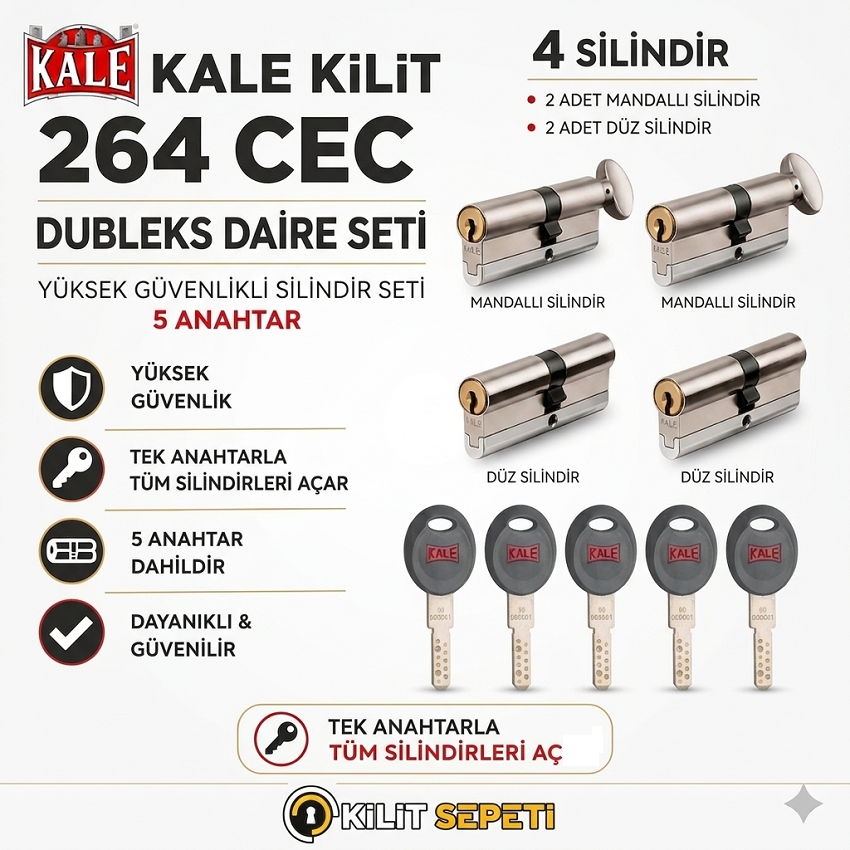 Kale 264 CEC Dubleks Daire Seti  (2 Mandallı + 2 Düz) Birbirini Açar Anahtarlı