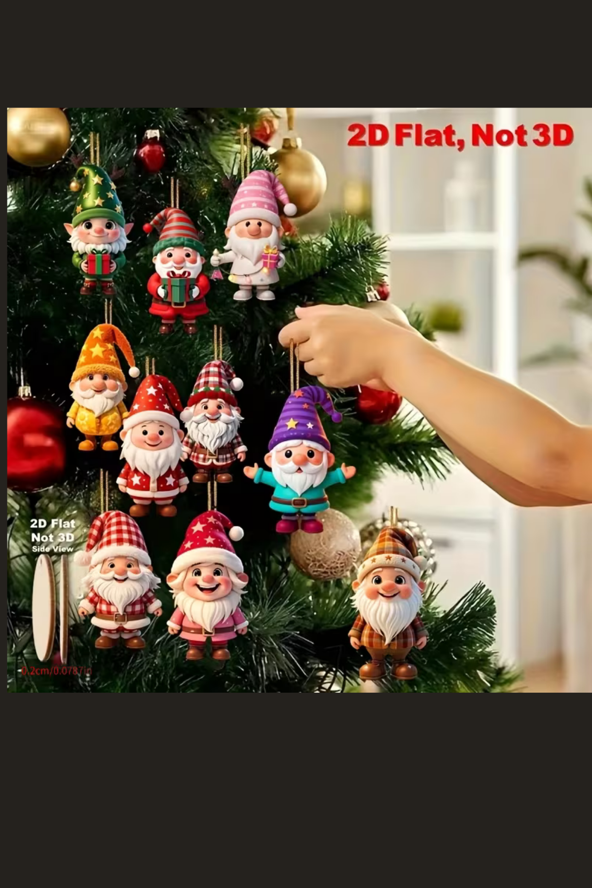10'lu Ahşap Noel Cüce Süs Seti | 2D Düz Baskı Renkli Asma Dekorları / Ev & Parti & Hediye Etiketi