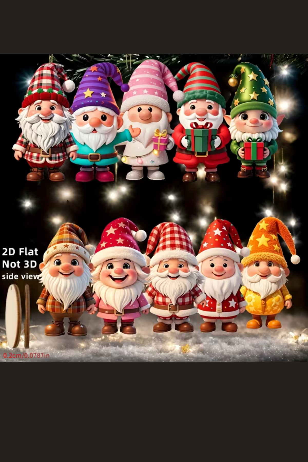 10'lu Ahşap Noel Cüce Süs Seti | 2D Düz Baskı Renkli Asma Dekorları / Ev & Parti & Hediye Etiketi