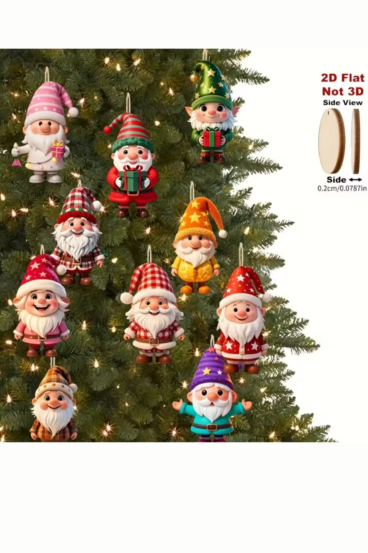 10'lu Ahşap Noel Cüce Süs Seti | 2D Düz Baskı Renkli Asma Dekorları / Ev & Parti & Hediye Etiketi
