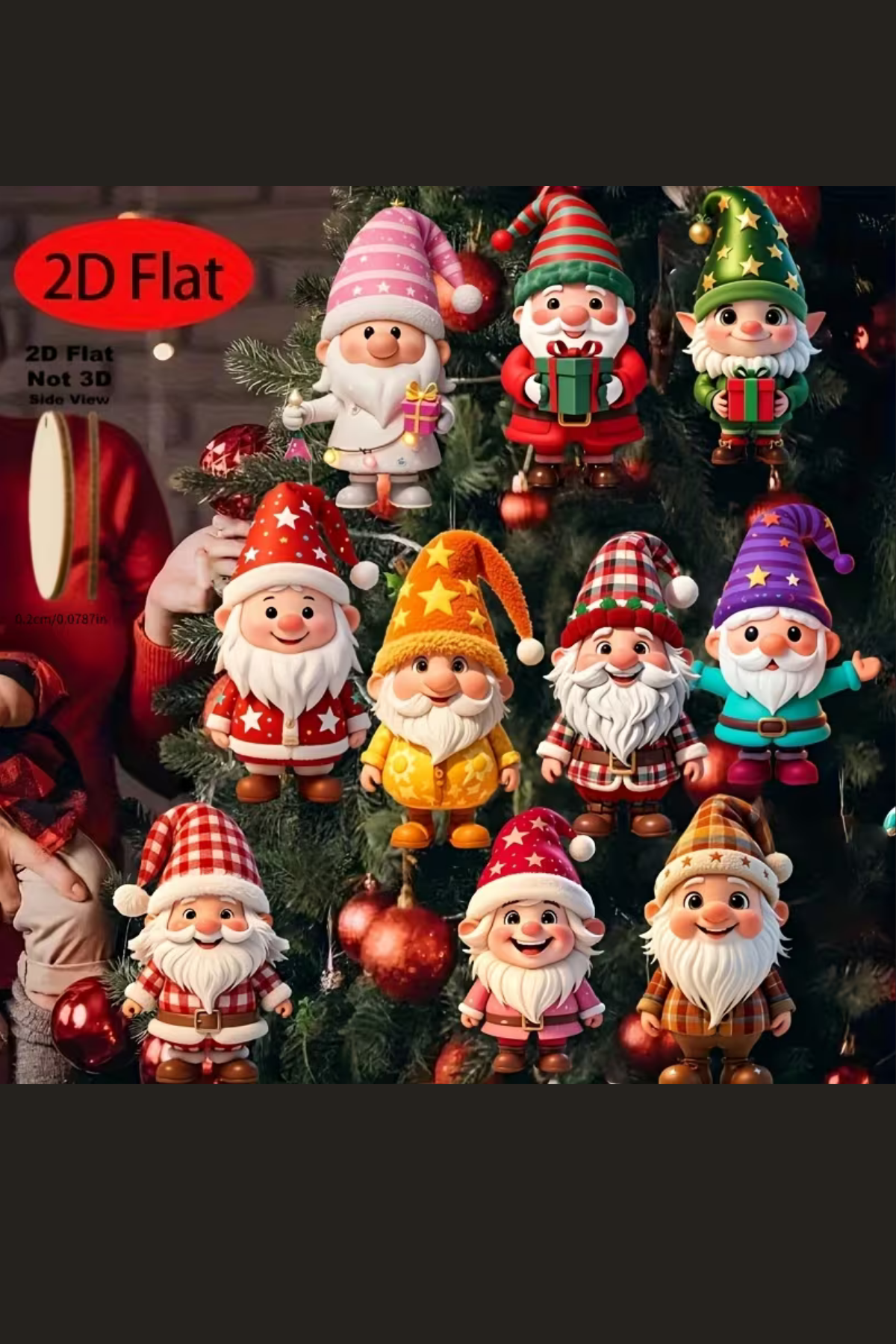10'lu Ahşap Noel Cüce Süs Seti | 2D Düz Baskı Renkli Asma Dekorları / Ev & Parti & Hediye Etiketi
