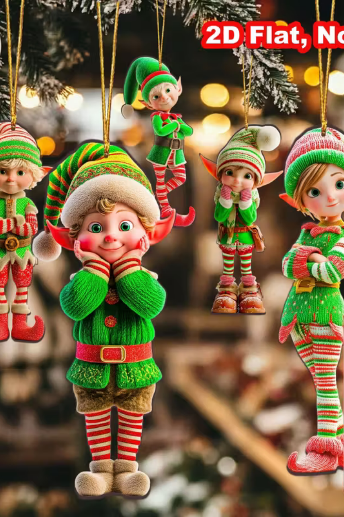 12'li Ahşap Elf Noel Ağacı Süs Seti | 2D Düz Baskı Renkli Asma Dekorları / Ev & Parti Dekoru