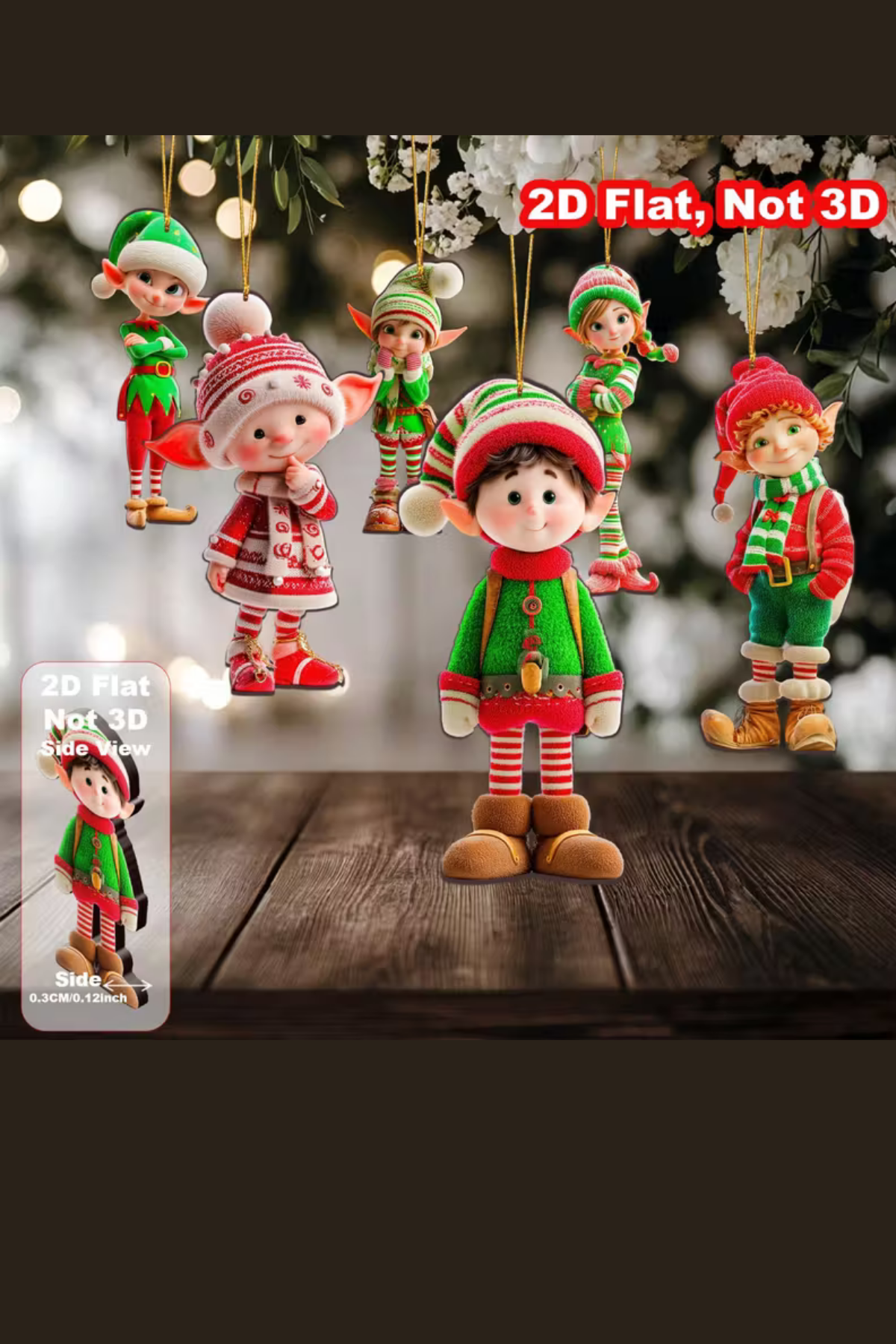 12'li Ahşap Elf Noel Ağacı Süs Seti | 2D Düz Baskı Renkli Asma Dekorları / Ev & Parti Dekoru