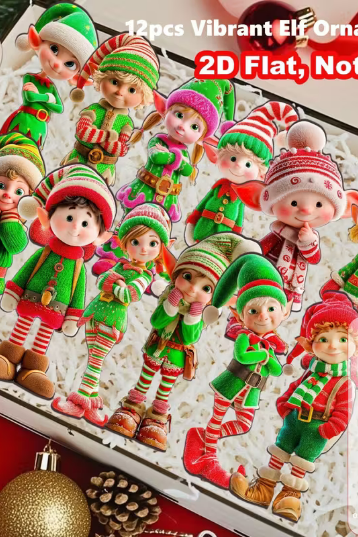 12'li Ahşap Elf Noel Ağacı Süs Seti | 2D Düz Baskı Renkli Asma Dekorları / Ev & Parti Dekoru