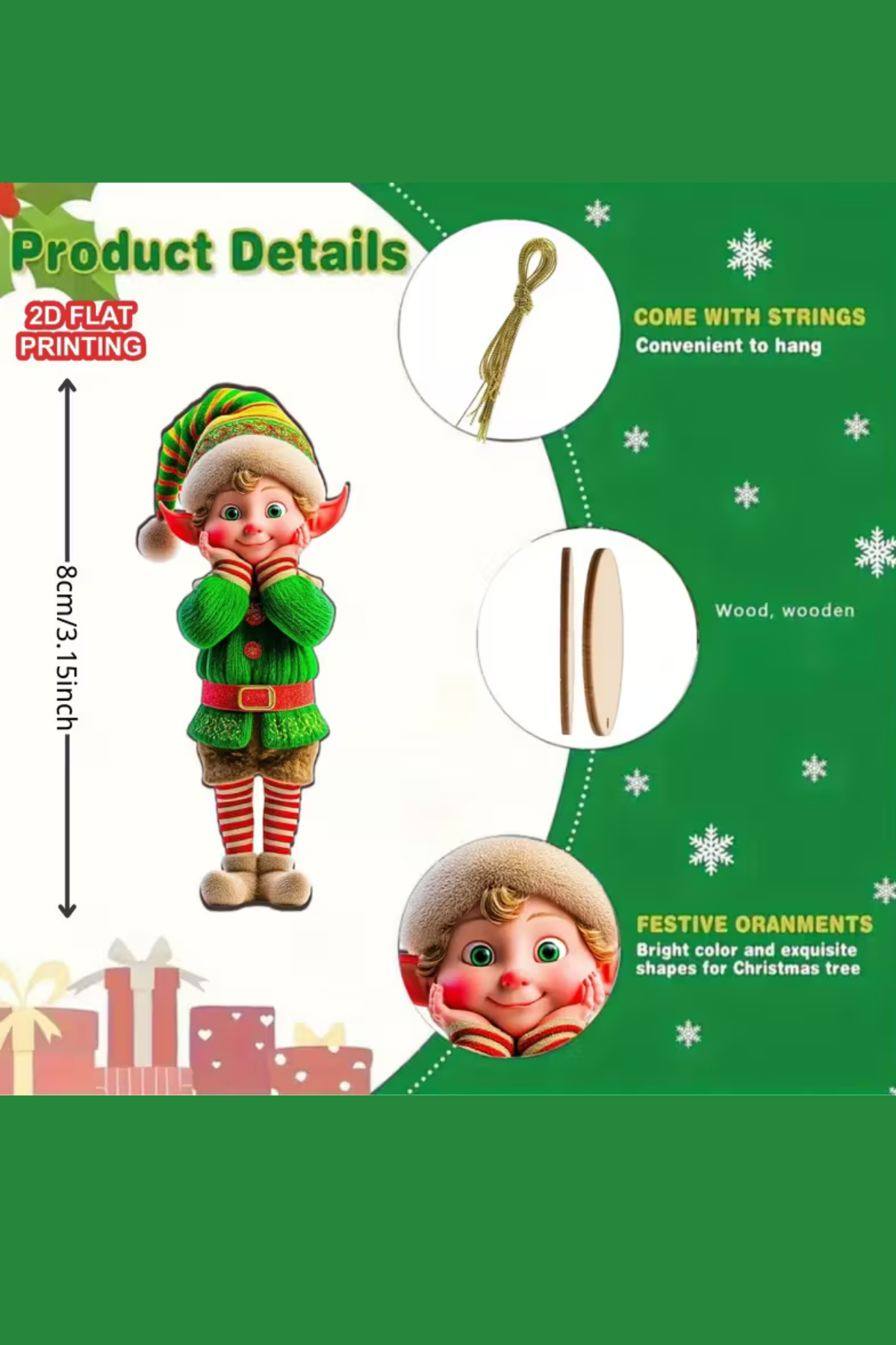 12'li Ahşap Elf Noel Ağacı Süs Seti | 2D Düz Baskı Renkli Asma Dekorları / Ev & Parti Dekoru