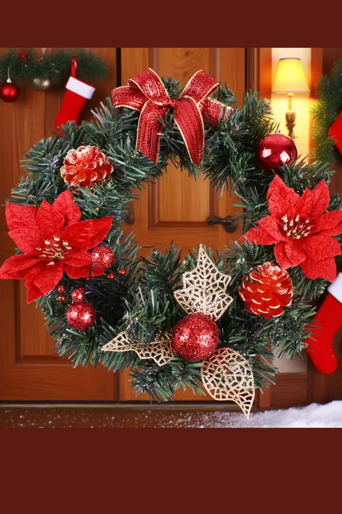 30 cm Kırmızı Altın Noel Kapı Çelengi | Çam Kozalı ve Poinsettia Çiçekli Şömine & Duvar Dekoru