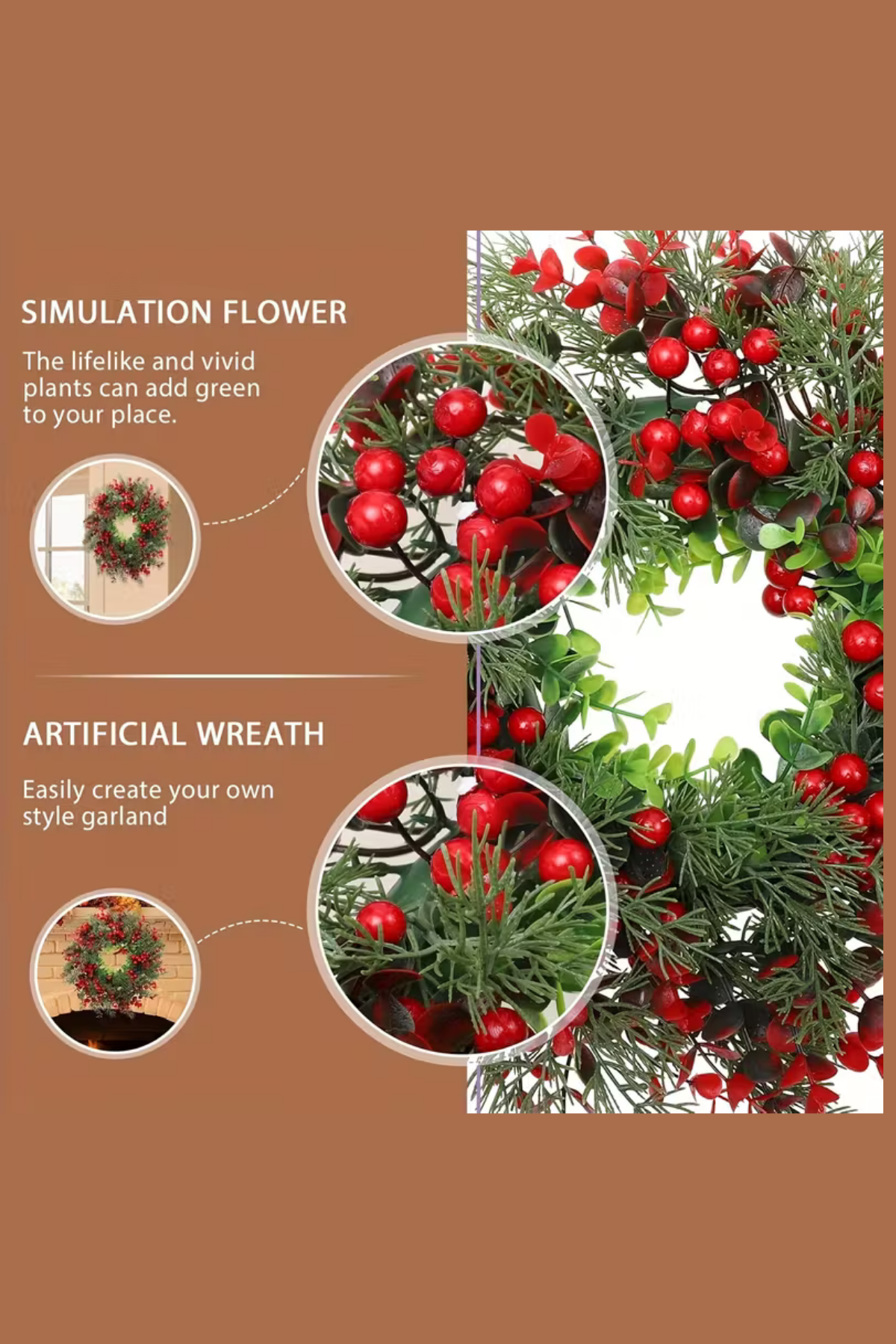 45 cm (17.71 inç) Festive Yapay Noel Çelengi – Çam Yaprakları ve Kırmızı Meyveler | Klasik Duvar & Kapı Süsü | Elektrik Gerektirmez | Ev ve Parti Dekoru için İdeal