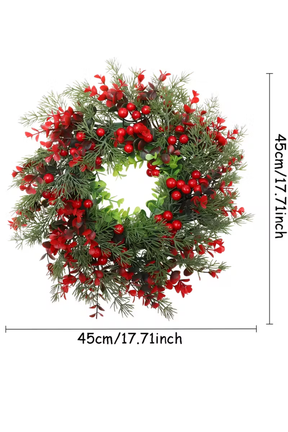 45 cm (17.71 inç) Festive Yapay Noel Çelengi – Çam Yaprakları ve Kırmızı Meyveler | Klasik Duvar & Kapı Süsü | Elektrik Gerektirmez | Ev ve Parti Dekoru için İdeal