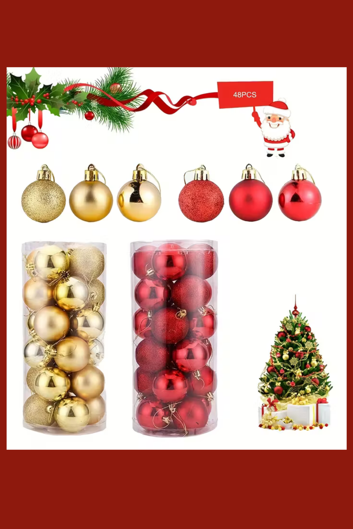 48 Parça Noel Ağacı Süs Seti | Kırmızı & Altın İki Tonlu Plastik Yılbaşı Topları | Çiçek Desenli Dekoratif Süsler | Kış & Tatil Temalı Asma Aksesuarları