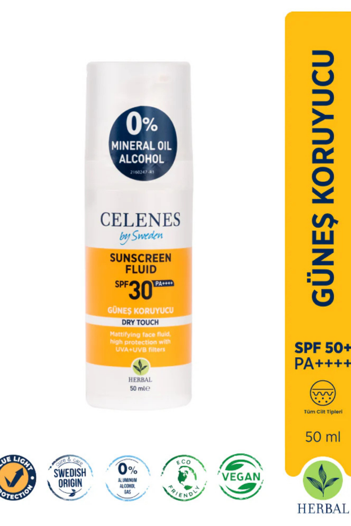 Celenes by Sweden Herbal SPF30 Fluid Dry Touch Güneş Kremi – Mat Bitişli, Bitkisel Formül, Yüz ve Dekolte Bölgesi İçin, 50 ml
