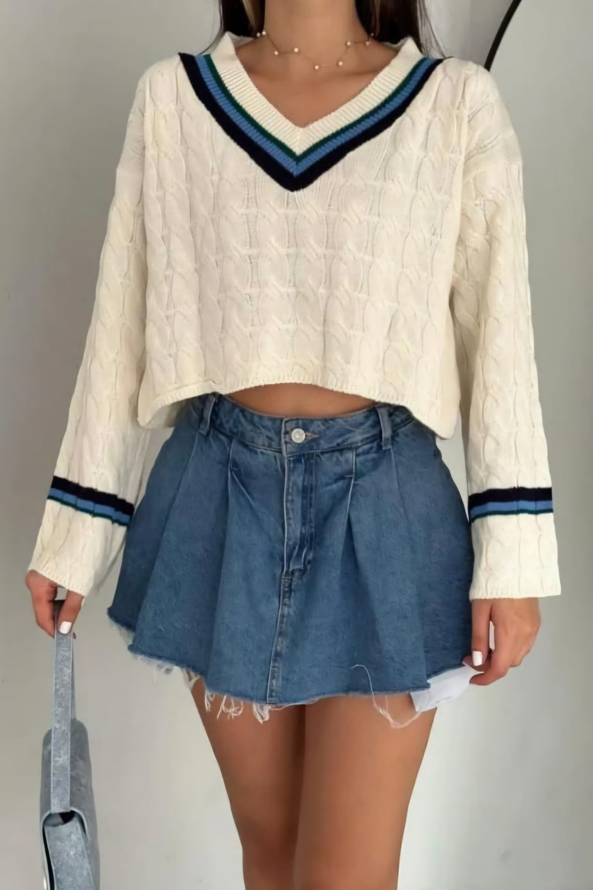 Kadın 2 li V Yaka Çizgili Triko Crop Bluz