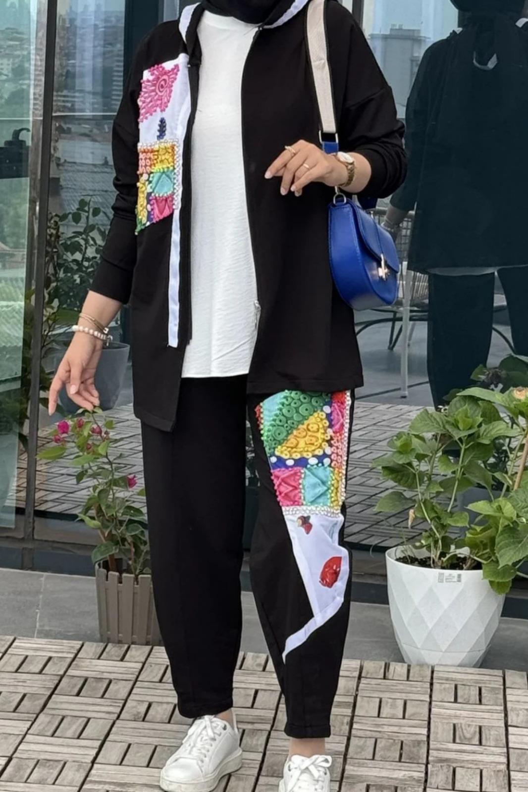 Kadın Taş İşlemeli Kapüşonlu Özel Tasarım Tesettür İkili Takım