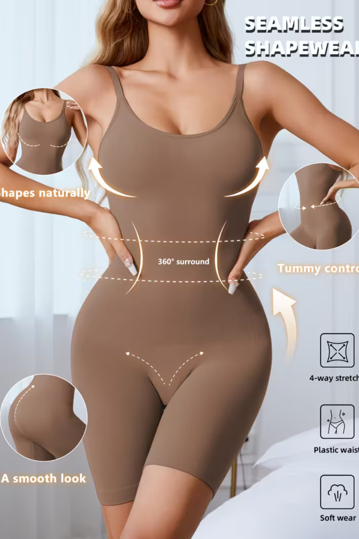 Kadın Yüksek Belli Siyah Body – Dikişsiz, Karın Kontrollü, 360° Esnek, Yumuşak & Rahat, Dolgusuz | Günlük ve Özel Giyim İçin Mükemmel Pürüzsüz Tasarım-Bronz Renk-L