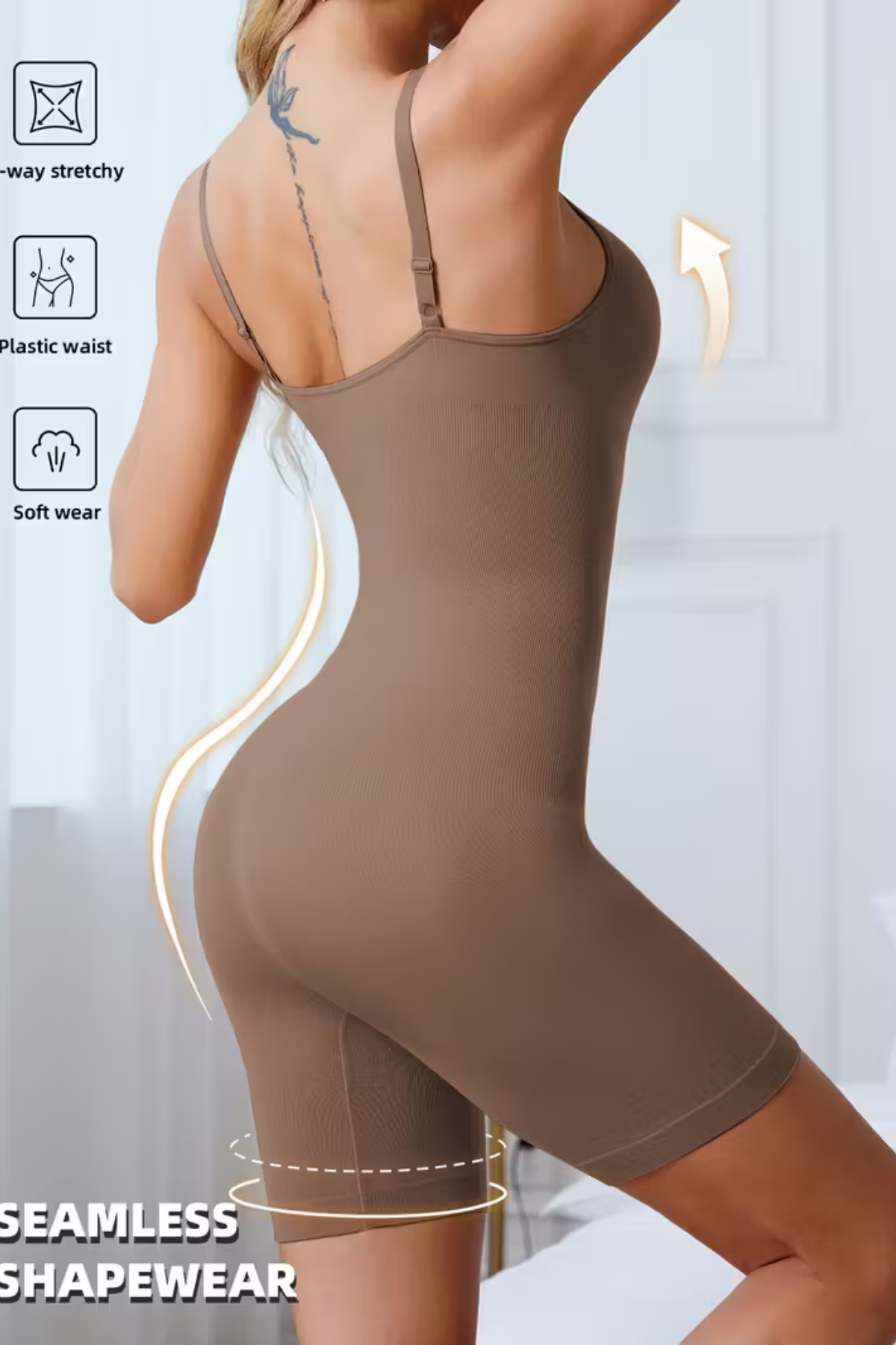 Kadın Yüksek Belli Siyah Body – Dikişsiz, Karın Kontrollü, 360° Esnek, Yumuşak & Rahat, Dolgusuz | Günlük ve Özel Giyim İçin Mükemmel Pürüzsüz Tasarım-Bronz Renk-L