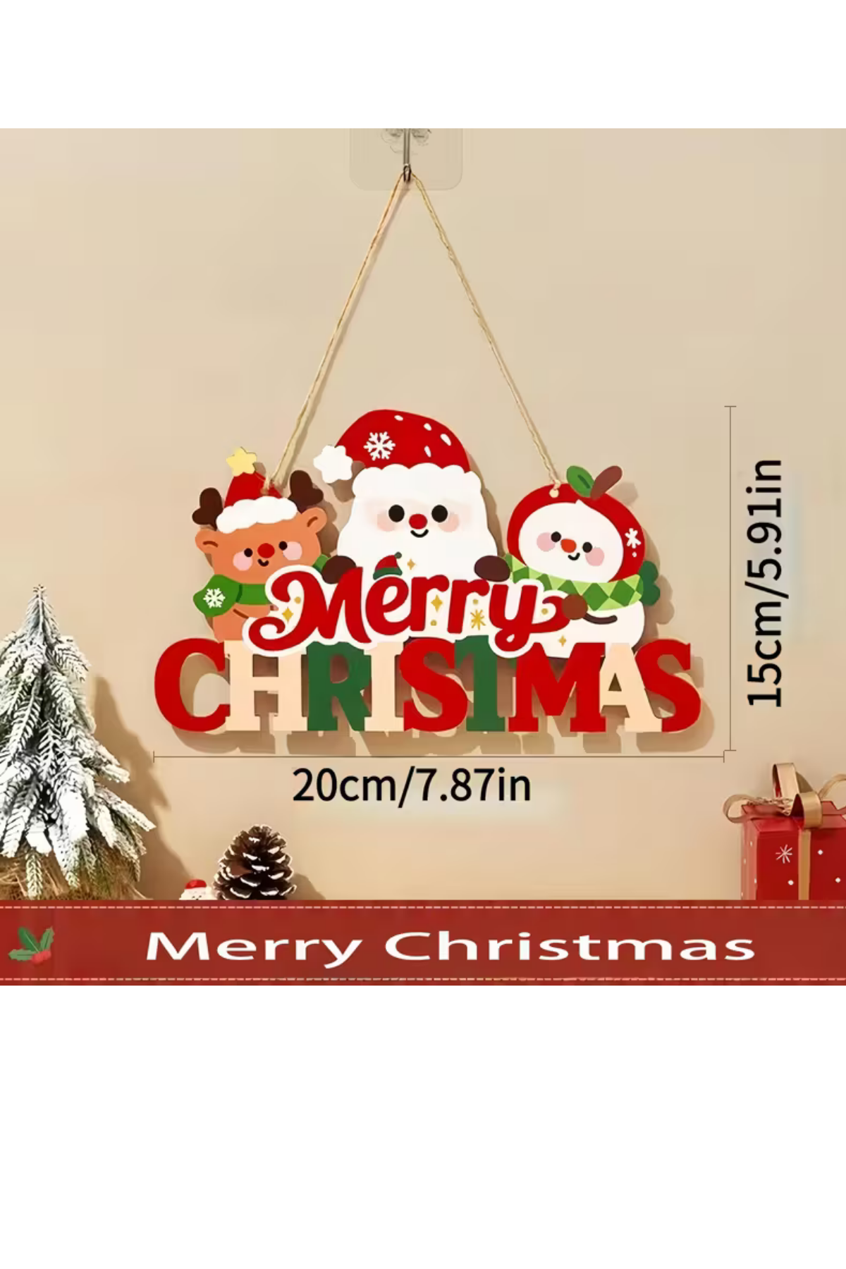 Noel Baba ve Mutlu Olsunlar Tabelalı Ahşap Kapı Süsü | 20x15 cm 2D Düz Noel Dekoru (1 Adet)