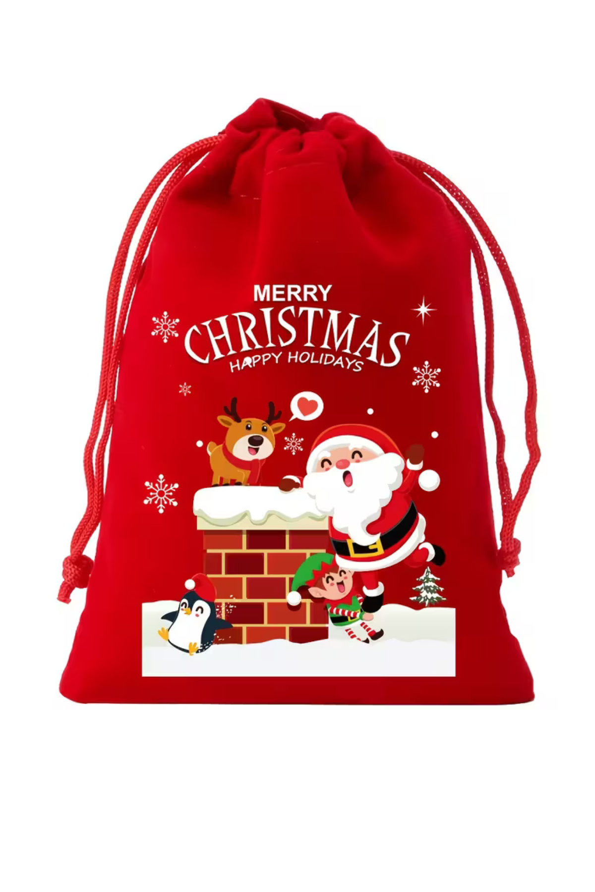Noel Flanel Çekmeli Hediye Torbası – Küçük Flanel Poşet | Şapkalı Geyik, Penguen, Baykuş, Santa Claus ve Kaykaylı Kar Araba Desenli | Rastgele Model (1 Adet)