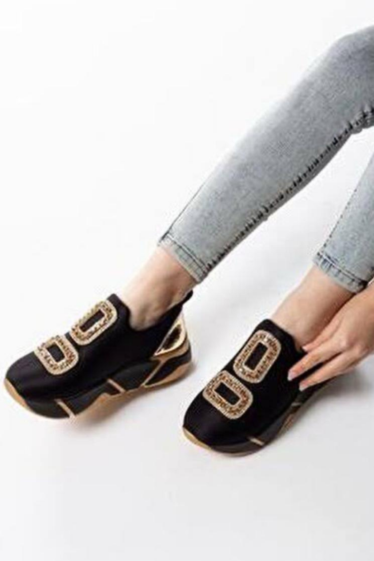 Platform Tabanlı Kadın Spor Ayakkabı – Rahat Streç Kumaş, Taşlı Detaylı, Soft Sole Hafif Taban