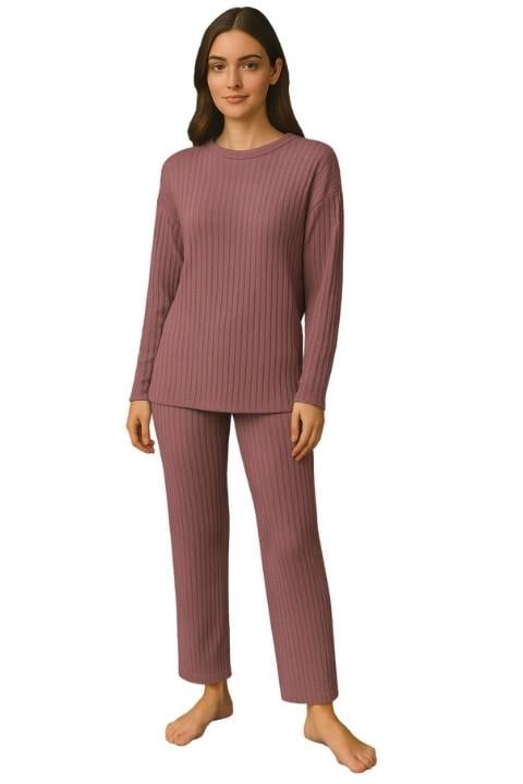 Kadın Fitilli Pijama Takım - Gül Rengi