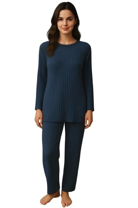 Kadın Fitilli Pijama Takım - Mavi