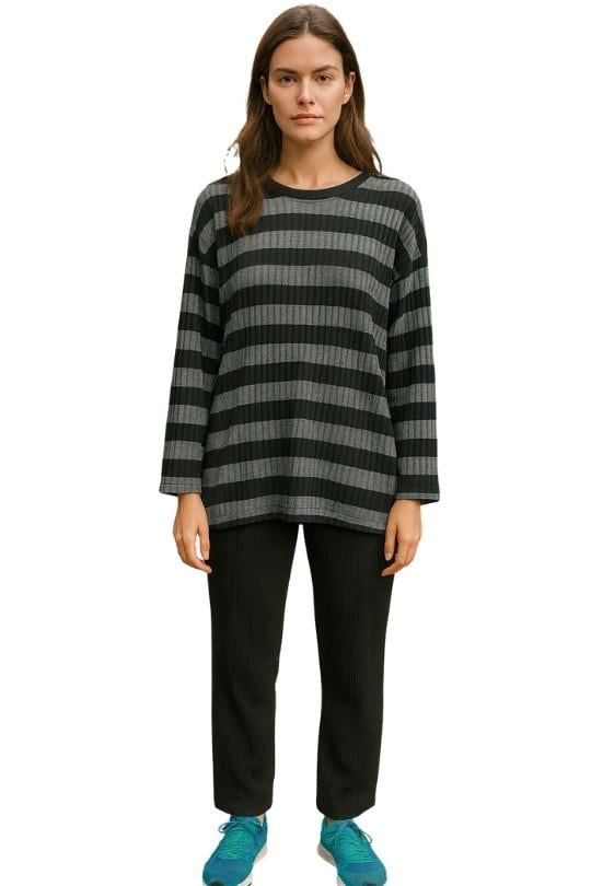 Kadın Fitilli Takım-Siyah Gri Çizgili