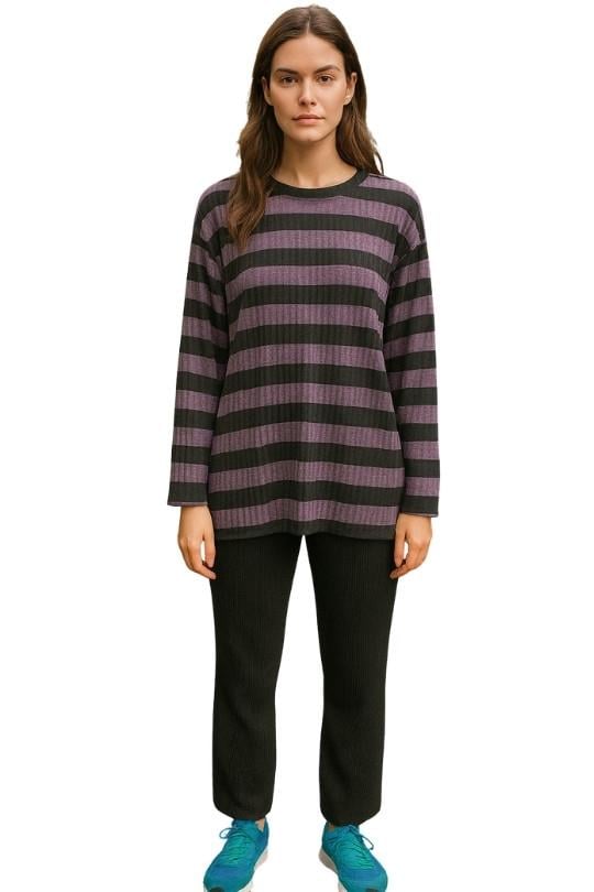 Kadın Fitilli Takım-Siyah Mor Çizgili