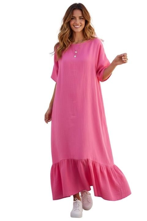 KISA KOL PAMUK KETEN ELBİSE-PEMBE