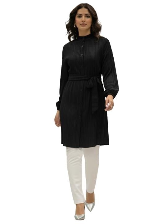 KUŞAKLI KADIN GÖMLEK-SİYAH