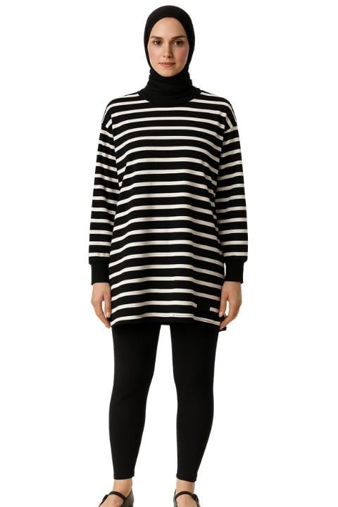 Uzun kol Kadın Tunik -Siyah Beyaz Çizgili