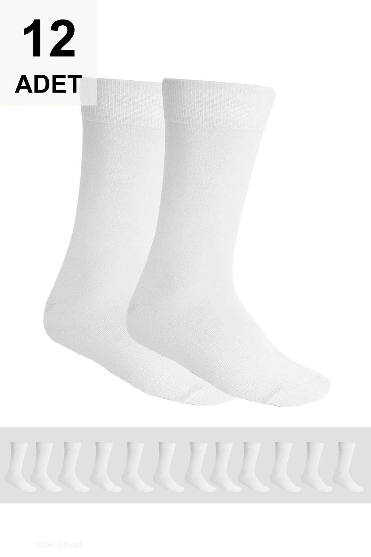 12 Adet Erkek Düz Soket Çorap - Beyaz