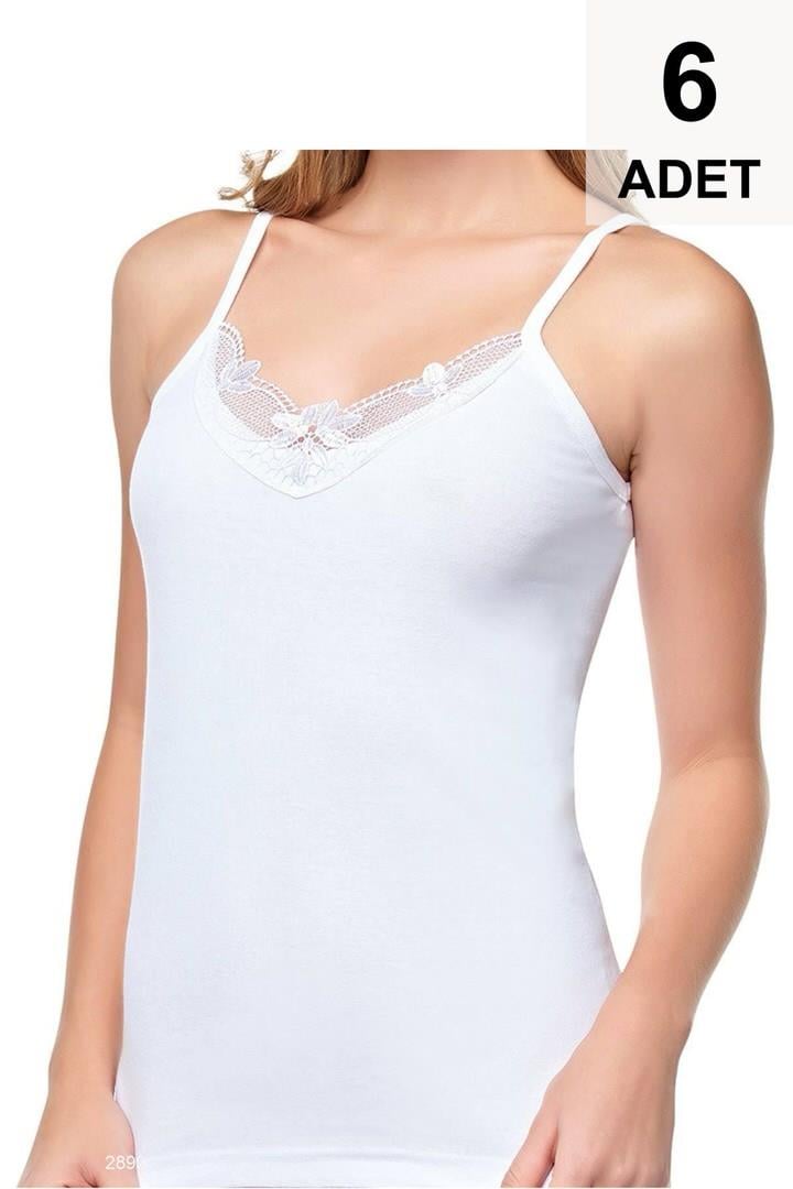 6 Adet İp Askılı Güpürlü Kadın Atlet - Beyaz