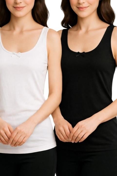 6'lı Stil Ribana Kalın Askılı Kadın Atlet Siyah-Beyaz