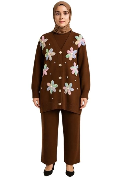 Çiçekli Tunik Takım - Kahverengi