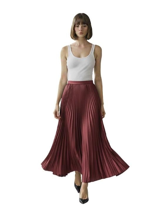 DERİ PİLELİ ETEK-BORDO