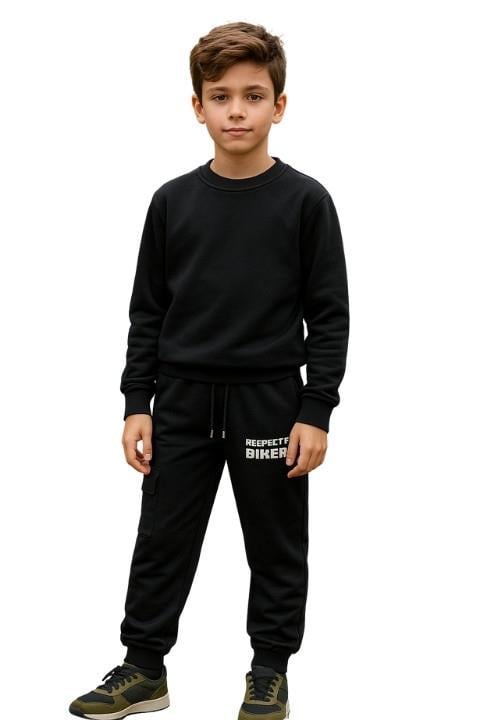 Erkek Çocuk Baskılı Ribanalı Eşofman Altı - Siyah