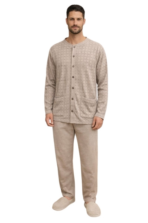 Erkek Düğmeli Pijama Takımı - Sütlü Kahve