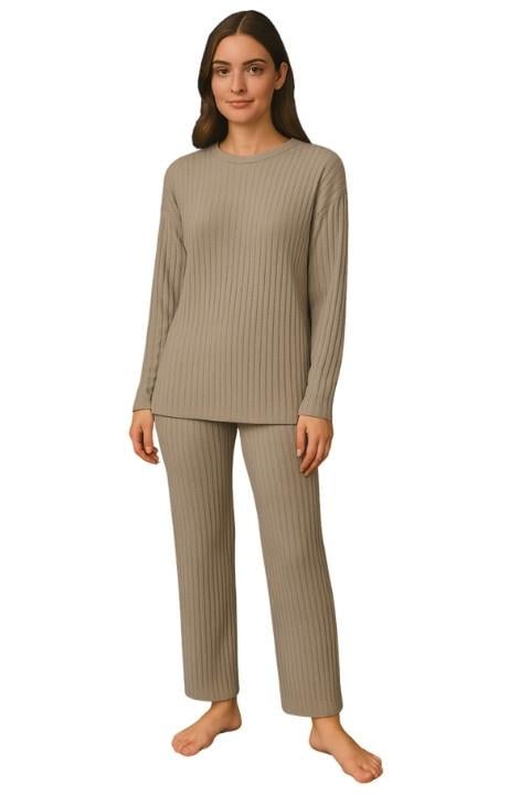 Kadın Fitilli Pijama Takım - Sütlü Kahve