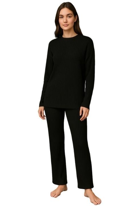 Kadın Fitilli Pijama Takımı - -Siyah