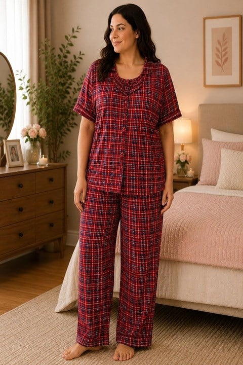 Kadın Milan Düğmeli Kısa  Kol  Battal Pijama Takımı