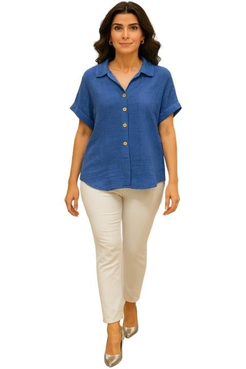 KETEN KISA KOL KADIN GÖMLEK MAVİ KOD:7374300-05